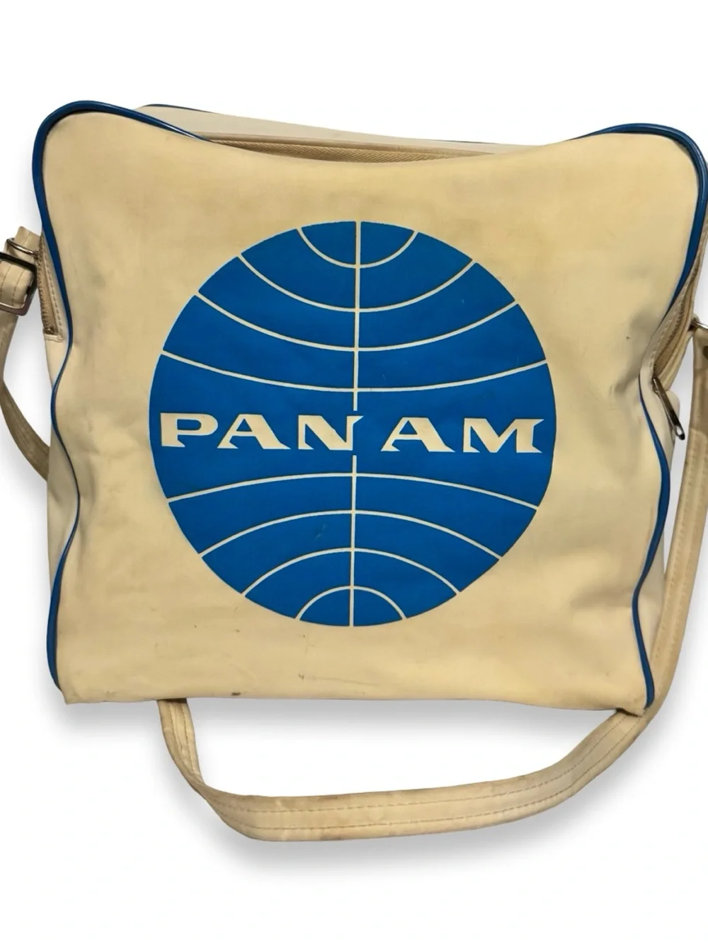 Vintage 1960s Pan Am Airlines Flight Bag White Blue Globe Logo Shoulder Travel